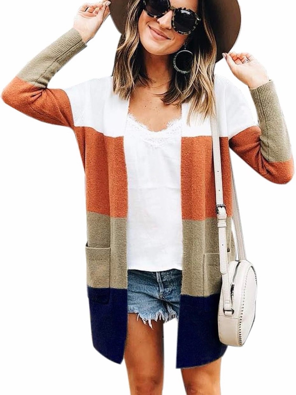 Colorblock Open Front Cardigan - White, Rust, Olive, Navy